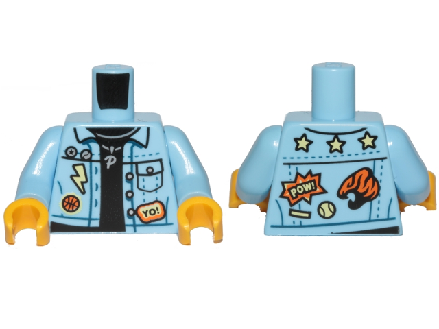 LEGO minifigure bright light blue torso with denim jacket, black shirt, 'P' necklace, 'YO!' & 'POW!' badges. Yellow hands.