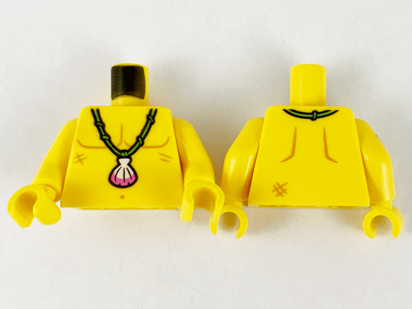 LEGO 973pb4135c01 yellow torso. Front: bare chest outline, green shell necklace, scars. Back: bare back outline, scars, necklace clasp.