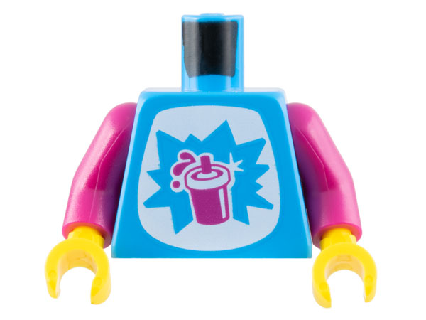 LEGO Medium Azure torso with white starburst & magenta slushy cup print, magenta arms, yellow hands.