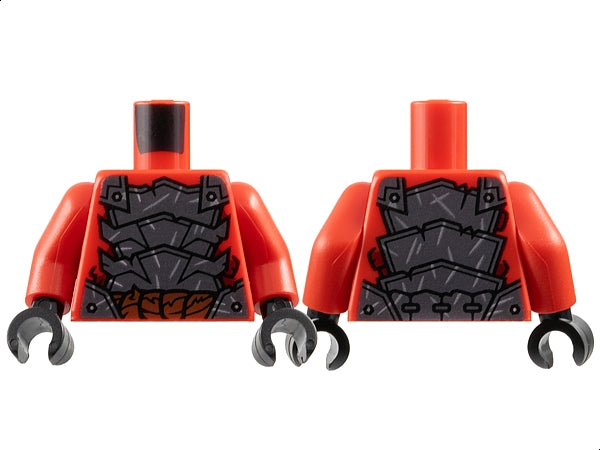 LEGO red torso with dark silver segmented armor, sharp plates, rivets, silver scratches, dark scales, brown rope belt, black hands.