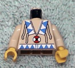 Tan LEGO minifigure torso with black neck, yellow hands, and Western Indian pattern of blue/white triangles and red/white amulet.