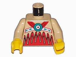 LEGO minifigure torso (973px106c01) in tan with red Western Indians fringe pattern, turquoise and red chest emblem, and yellow hands.