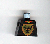 Black LEGO torso 973px120 with a brown shield featuring a bull's head, plus red and green details.