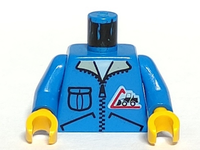 Blue LEGO torso with zipper jacket, left pocket, and right triangular bulldozer logo. Blue arms, yellow hands, and black-splattered neck.