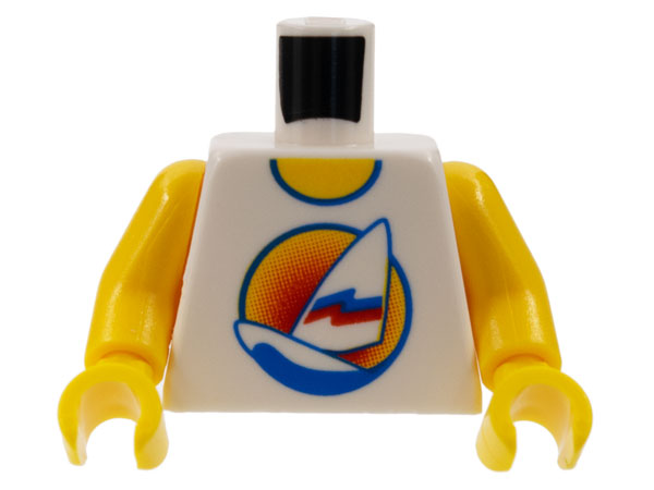 White LEGO torso with yellow arms and hands, featuring a long surfboard and sail logo in a blue circle with sunset.