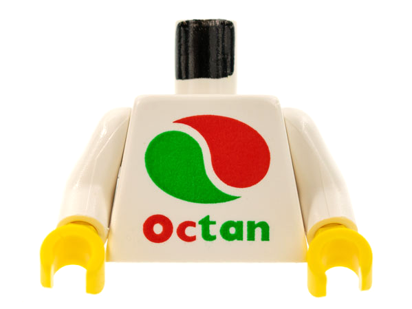 LEGO 973px130c01 white minifigure torso with Octan logo (red and green swirl), Octan text, and yellow hands.