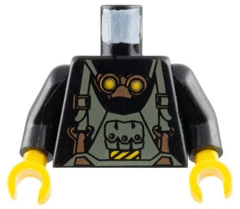 LEGO 973px143c01 - Torso Rock Raiders Dark Gray Overalls with Pouch and Copper Buckles, Goggles, Danger Stripes Patch Pattern /  Arms / Yellow Hands