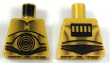 Gold LEGO C-3PO torso with black halftone printing, showing front with concentric circles and back with a grill and belt.