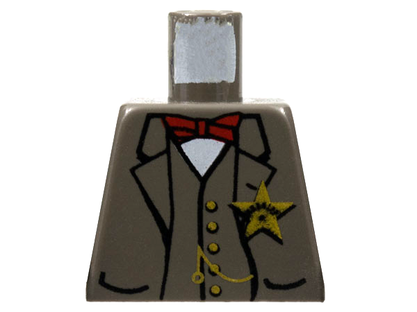 LEGO 973px161 torso with brown suit, red bow tie, white shirt, gold sheriff star badge, and watch fob.