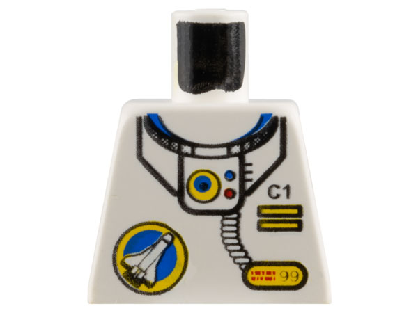 LEGO 973px176 white torso with Space Port logo, coiled tube, 'C1', two yellow bars, and blue/red buttons pattern.