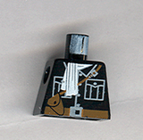 LEGO 973px181 black minifigure torso with white scarf, shirt, buttons, pockets, brown belt, and strap with pouch pattern.