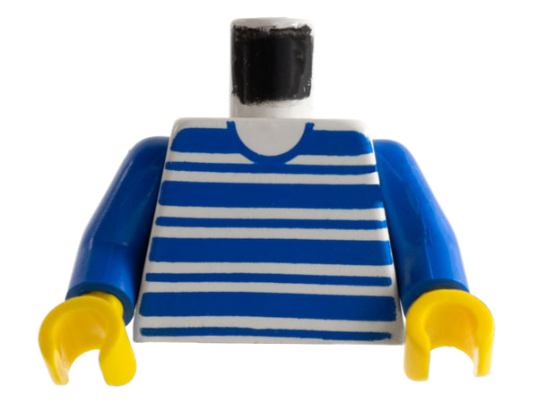 LEGO torso with white and blue horizontal stripes pattern, blue arms, and yellow hands, against a white background.