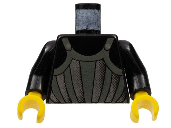 LEGO black torso with dark gray and silver striped armor pattern, black arms, and yellow hands.
