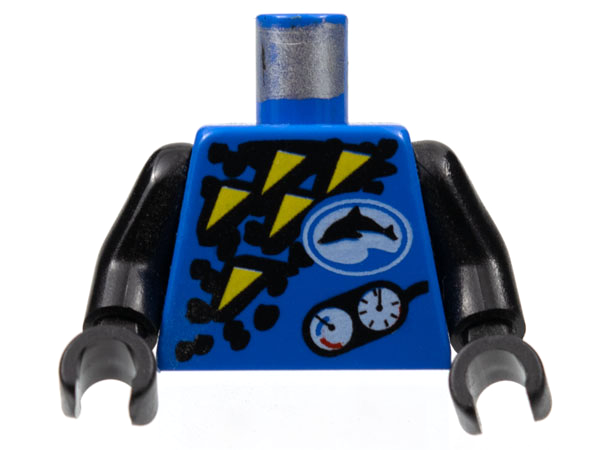 LEGO 973px96c01 - Torso Duikers Dolfijn Logo, Gele Driehoeken en Meters Patroon / Zwarte Armen / Zwarte Handen