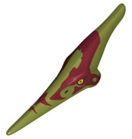 Green LEGO Pteranodon dinosaur head with dark red marks around eyes, head, and beak, featuring yellow eyes.