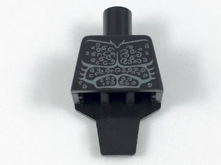 Black LEGO 98127pb03 short torso with grey ridged armor, bare chest muscle outline, and white chest hair pattern.
