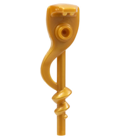 Metallic gold LEGO minifigure serpent staff featuring a snake head top and a spiral-wrapped lower shaft.