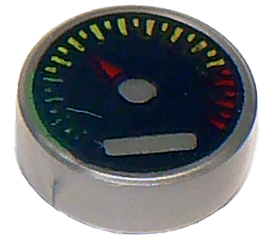 LEGO 98138pb010 round 1x1 tile with a black gauge pattern, red pointer, and colored tick marks.