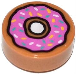 Round 1x1 LEGO tile with a donut pattern, featuring dark pink frosting, colorful sprinkles, and a brown base.