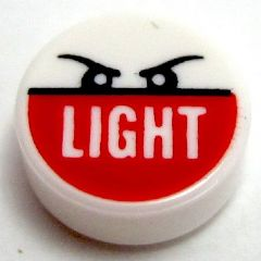 LEGO 98138pb052 round 1x1 tile with black angry eyebrows, eyes, and white 'LIGHT' text on a red background.