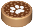 Round tan LEGO 1x1 tile featuring a white animal paw print on a reddish-brown patterned top.