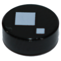 Round black LEGO 1x1 tile with two white squares pattern, commonly used as a BrickHeadz eye.