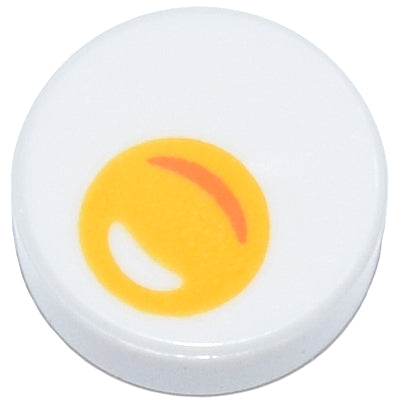 Close-up of a LEGO 98138pb088 white round 1x1 tile with a yellow and orange egg yolk pattern.