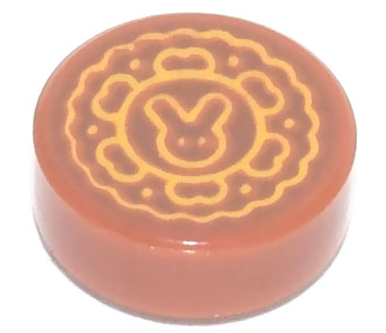 LEGO 98138pb286 - Ronde tegel 1 x 1 met Moon Cake met Bright Light Orange Bunny op Reddish Brown achtergrond patroon