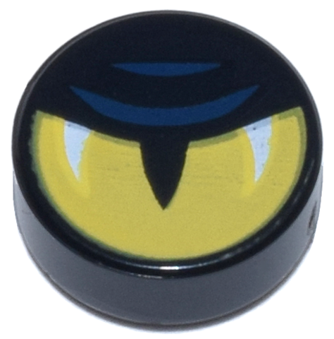Black LEGO 1x1 round tile with yellow half-closed eye pattern, slit pupil, white glints, and dark blue eyelid lines.