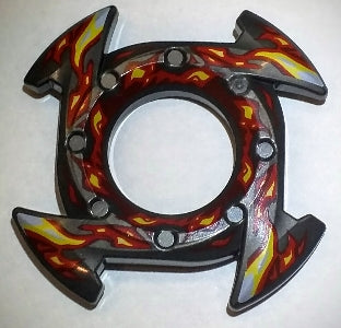 LEGO 98341pb06 Ninjago Spinner Crown: 4x4 ring with 4 arrow ends, gray and dark red with yellow and red flames pattern.