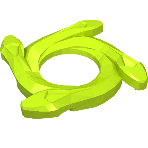 Bright green LEGO 98342 Ring 4x4 with 2x2 hole, featuring four snake head ends, known as Ninjago Spinner Crown.