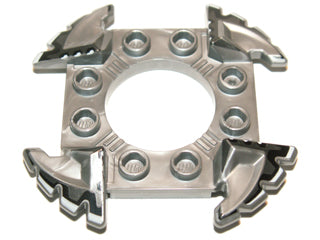 Silver LEGO 4x4 ring with a 2x2 hole and four serrated ends with black and white patterns, a Ninjago Spinner Crown.