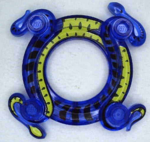 Blue transparent LEGO 4x4 ring with a 2x2 center hole, featuring two intertwined snakes with a lime green and black pattern.