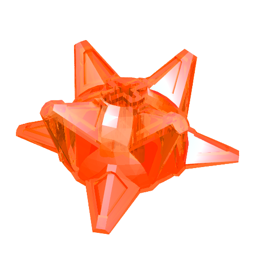 Translucent orange LEGO Hero Factory weapon, a spiked ball half with an axle hole, viewed from an angle.