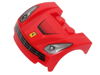 Red LEGO vehicle mudguard 98835pb012s, curved front with headlights, black grille, and Ferrari logo. From Set 40191.
