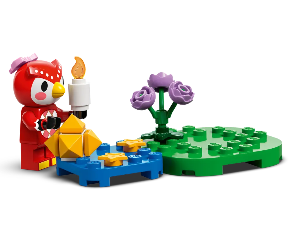 LEGO Animal Crossing Celeste owl figure holds a candle, near a blue base with stars and gold pieces, beside a green base with purple roses.