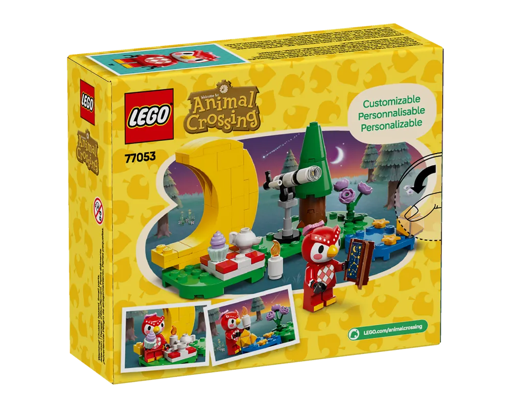Back of LEGO Animal Crossing 77053 Stargazing with Celeste box, showing Celeste minifigure, telescope, campfire, and customization.