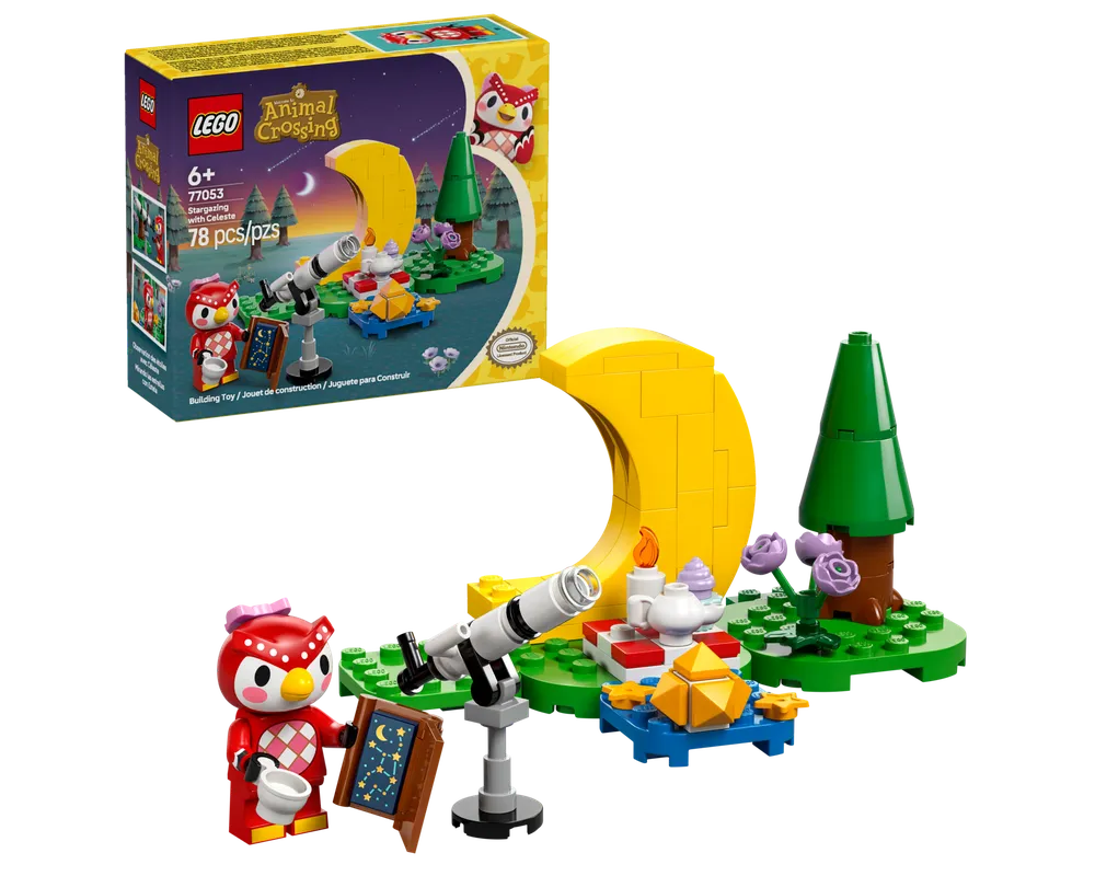 LEGO Animal Crossing 77053 Stargazing with Celeste set: red owl minifigure, telescope, crescent moon, tree, and tea set.