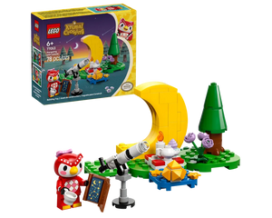 LEGO Animal Crossing 77053 Stargazing with Celeste set: red owl minifigure, telescope, crescent moon, tree, and tea set.