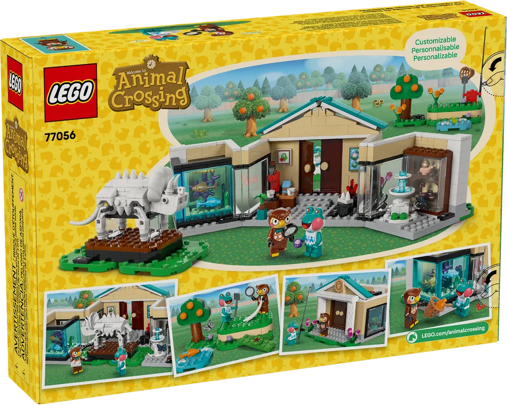 LEGO Animal Crossing 77056 Blathers's Museum Collection box showing the museum build, dinosaur fossil, fish tanks, and minifigures.