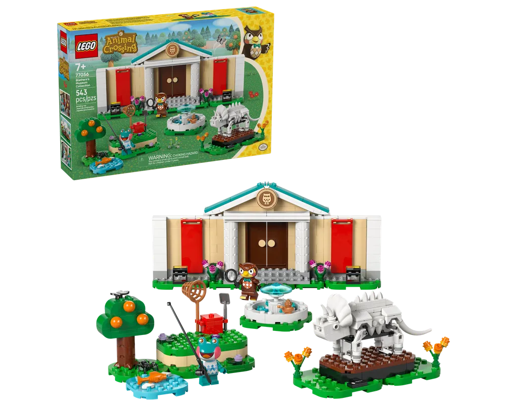LEGO 77056 Blathers's Museum Collection box and built set showing museum entrance, frog fishing, and dinosaur fossil.
