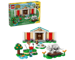 LEGO 77056 Blathers's Museum Collection box and built set showing museum entrance, frog fishing, and dinosaur fossil.