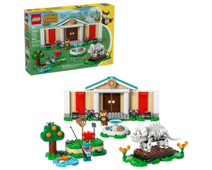 LEGO 77056 Blathers's Museum Collection box and built set showing museum entrance, frog fishing, and dinosaur fossil.