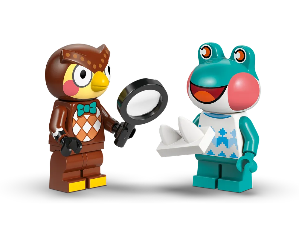 LEGO Animal Crossing Blathers the owl with magnifying glass and Lily the frog holding fossils.