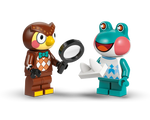 LEGO Animal Crossing Blathers the owl with magnifying glass and Lily the frog holding fossils.