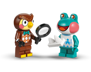 LEGO Animal Crossing Blathers the owl with magnifying glass and Lily the frog holding fossils.