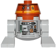 A LEGO Astromech Droid, C1-10P (Chopper), with an orange dome head and a light bluish gray body with detailed printing.