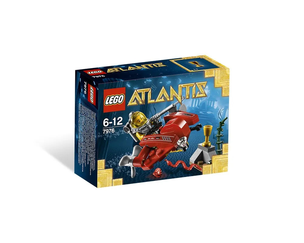 LEGO Atlantis 7976 Ocean Speeder box showing a red submersible, diver minifigure, golden chalice, and serpent underwater.