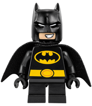 LEGO Batman minifigure with black cowl, cape, and short legs, featuring a yellow and black bat logo on the torso and a yellow belt.