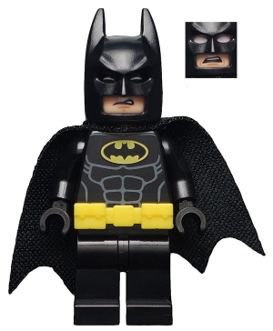 LEGO Batman minifigure: black cowl, cape, suit with gray muscles, yellow utility belt, and Bat-symbol. Shows two head types.